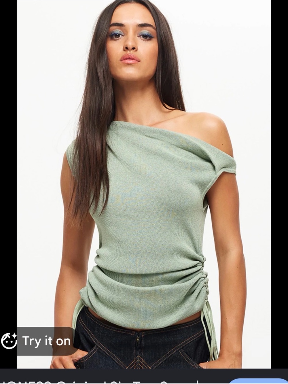 Lioness asymmetrical shoulder Sage Green Ribbed Knit Top